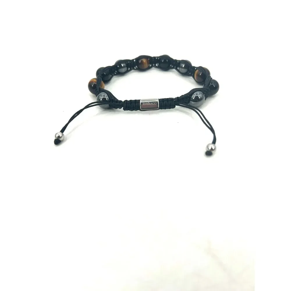 NEW! ENERACO Mens Tiger Eye Hematite Obsidian Beaded Macrame Bracelet Adjustable